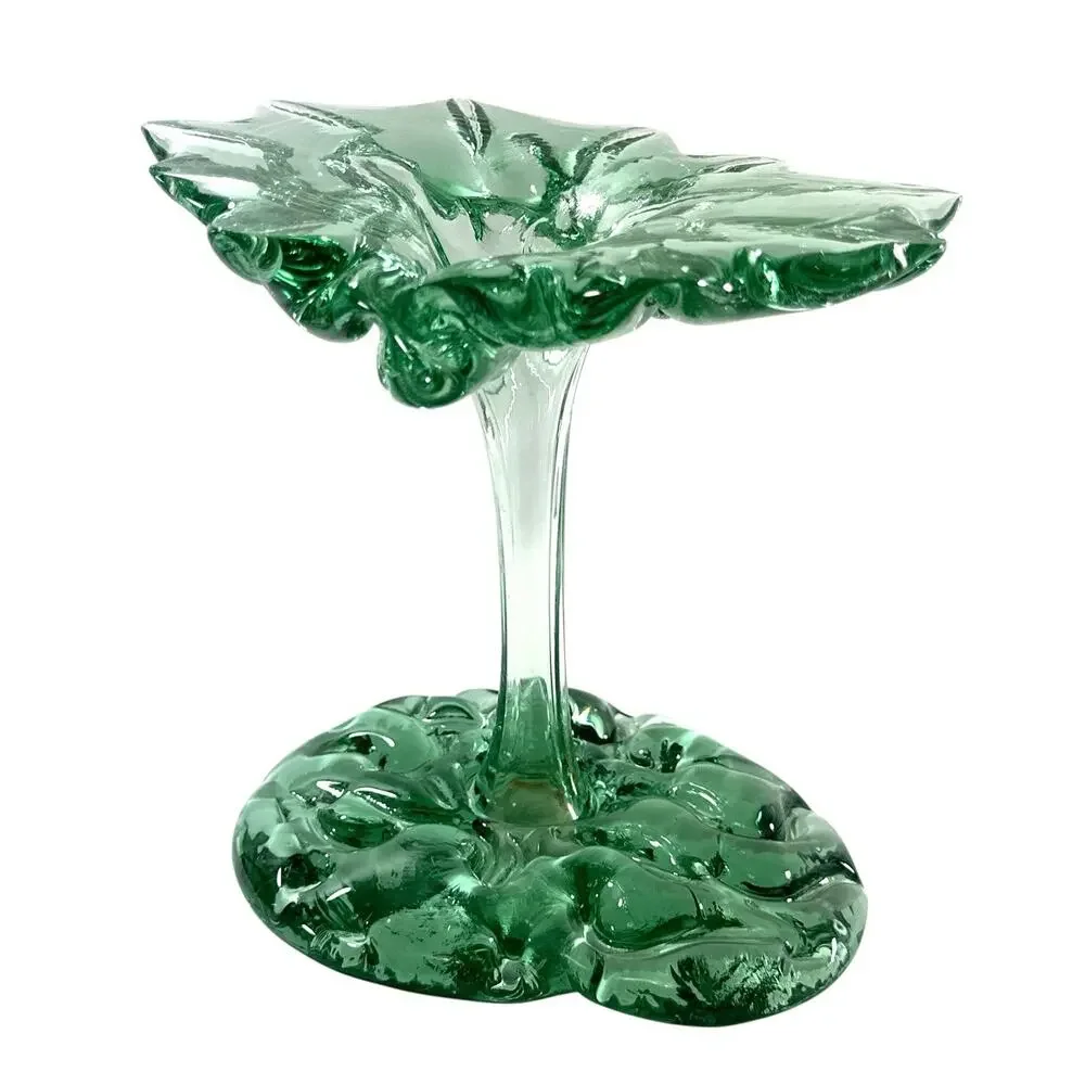 Vintage Recycled Green Art Glass Pedestal Vase Bowl Hand Blown 8” Organic